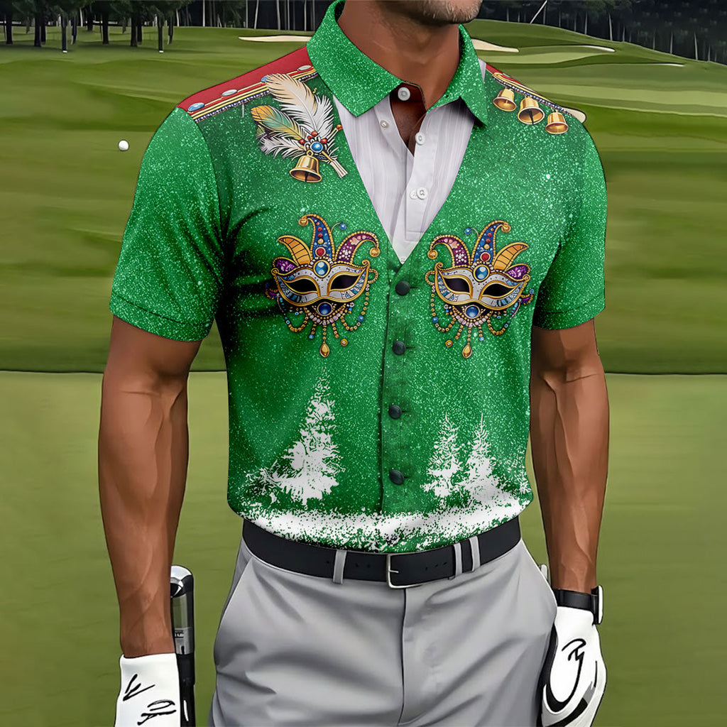 Masquerade Mask Feather Mardi Gras Glitter Print Green Golf Shirt, Polo Shirts For Men, Golf Shirts For Men