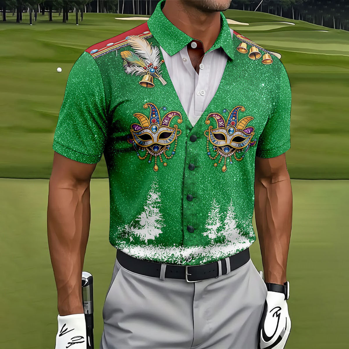 Masquerade Mask Feather Mardi Gras Glitter Print Green Golf Shirt, Polo Shirts For Men, Golf Shirts For Men