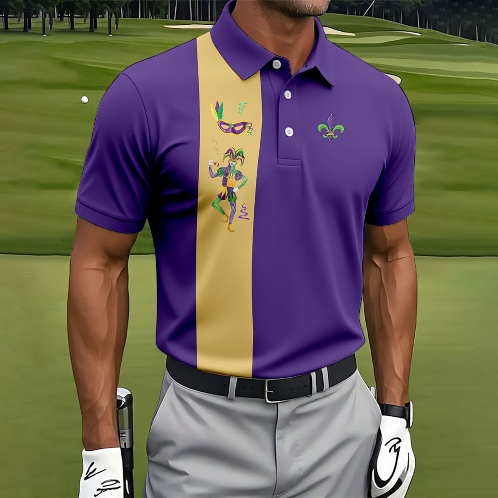 Mardi Gras Festival Jester Figure Fleur De Lis Symbol Purple Golf Shirt, Polo Shirts For Men, Golf Shirts For Men