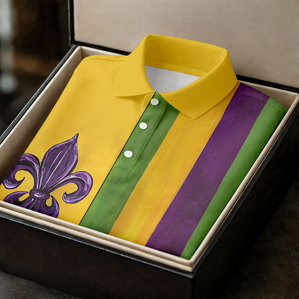 Purple Green Gold Vertical Stripes Fleur De Lis Flower Mardi Gras Golf Shirt, Polo Shirts For Men, Golf Shirts For Men