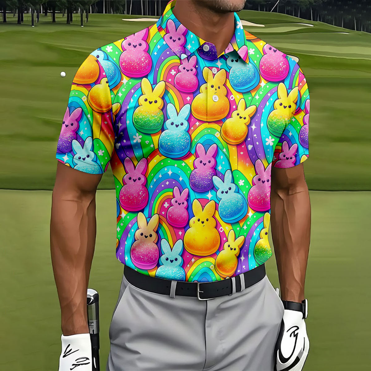 Colorful Easter Peeps Rainbow Pattern Golf Shirts For Men, Cute Golf Outfit, Polo Shirts For Men