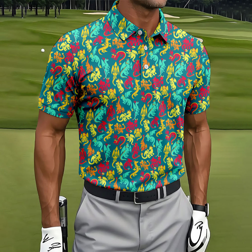 Cartoon Dragons Colorful Golf Shirt, Cute Golf Outfit, Polo Shirts For Men, Golf Shirts For Men