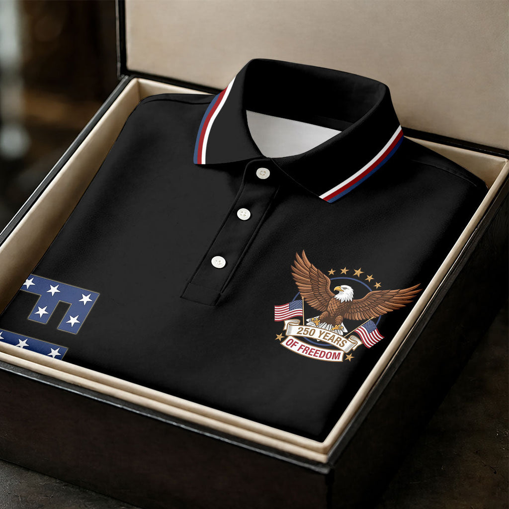 250 Years Of Freedom US Flag Logo Black Golf Shirt, Patriotic 4th Of July Golf Shirts For Men