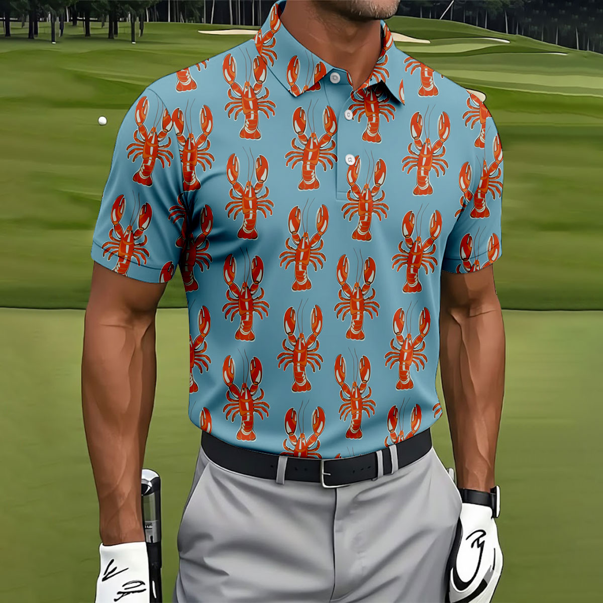 Orange Lobsters Light Blue Mardi Gras Golf Shirt, Golf Tops For Men, Polo Shirts For Men, Golf Shirts For Men