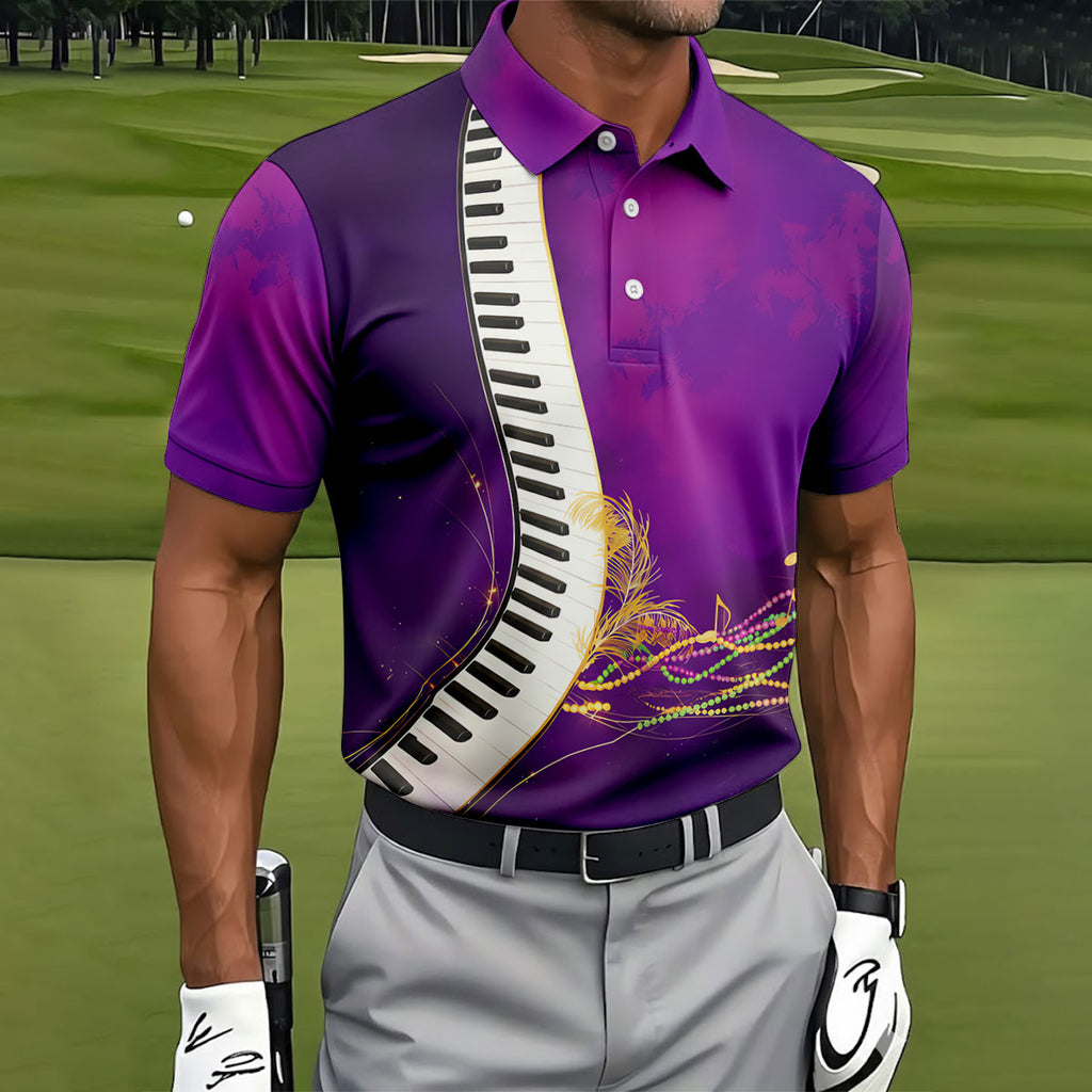Mardi Gras Feather Beads Piano Keyboard Print Purple Golf Shirt, Polo Shirts For Men, Golf Shirts For Men