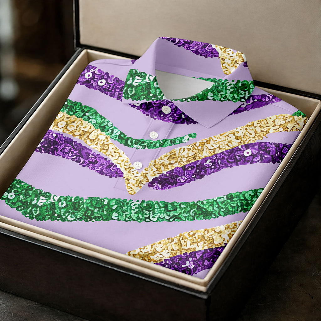 Purple Green Gold Sequin Pattern Light Purple Mardi Gras Golf Shirt, Polo Shirts For Men, Golf Shirts For Men