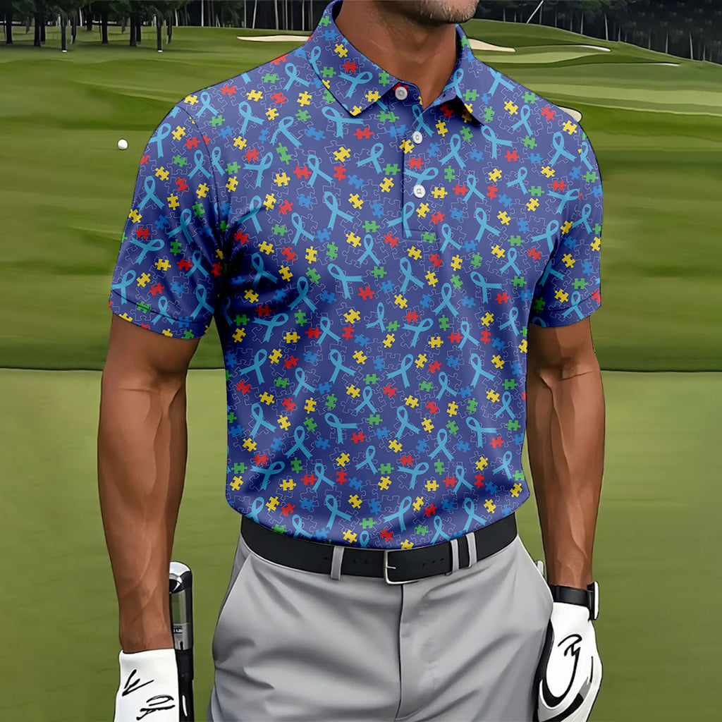 Autism Puzzle Ribbon Pattern Golf Tops For Men, Autism Awareness Color Polo ShirtFor Men, Golf Shirts For Men