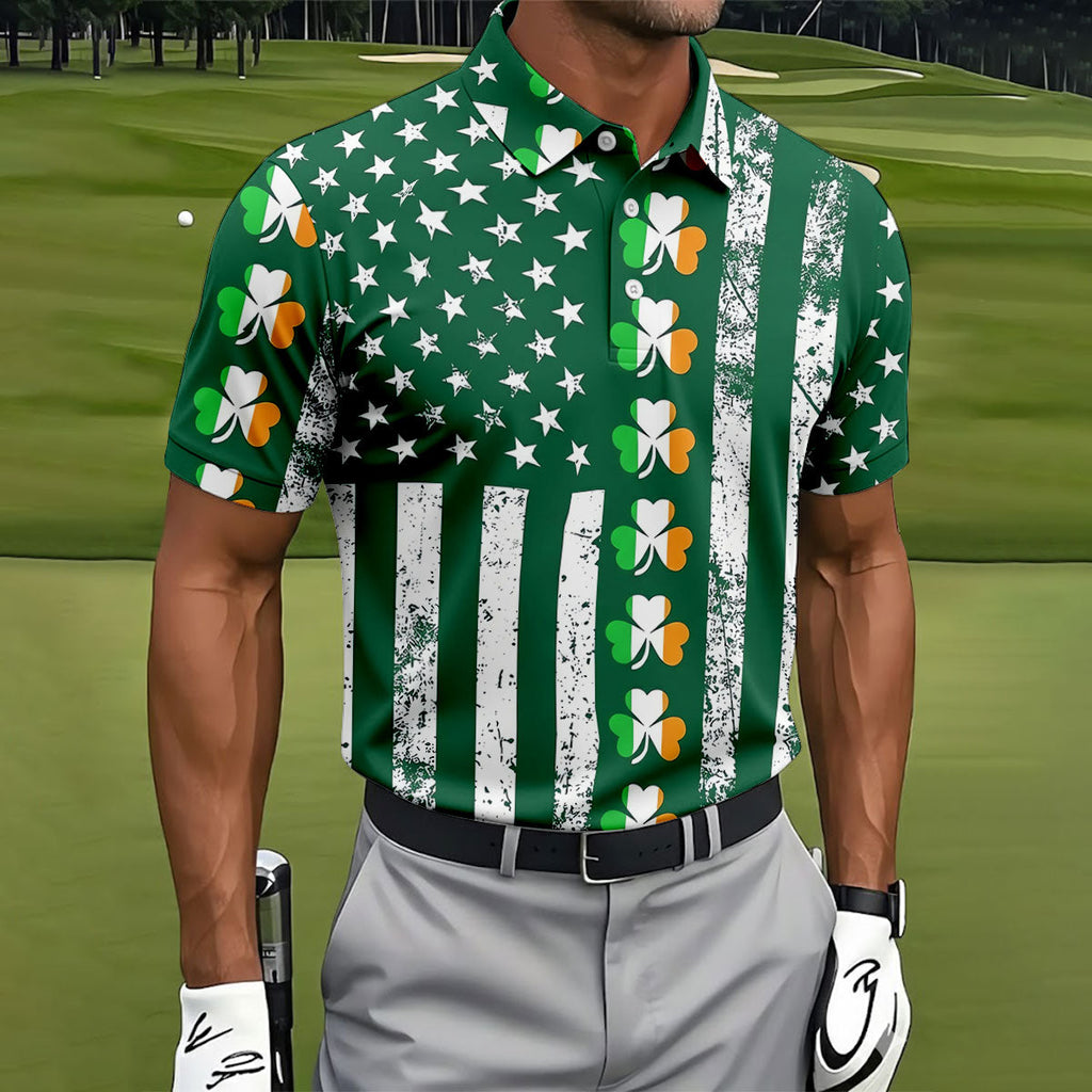 Irish Shamrock Vertical Stripes St Patrick's Day Golf Shirt, Polo Shirts For Men, Golf Shirts For Men