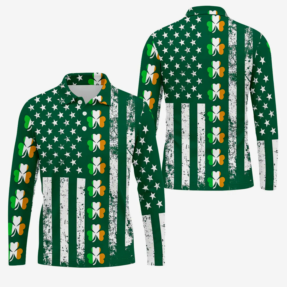 Irish American Flag St Patrick's Day Shirt, Shamrock Vertical Stripes Green Lucky Clover, Golf Shirts For Men