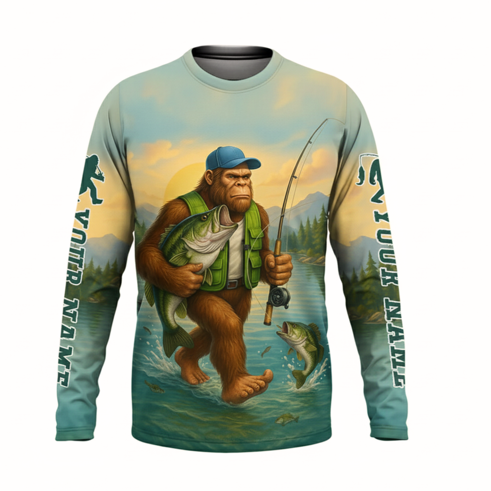 Personalized Gone Fishing With Sasquatch Long Sleeve Shirt – Bigfoot Fishing Graphic, Funny Angler Gift