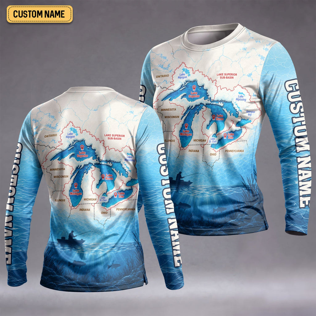 Personalized Great Lakes Fishing Map UPF Shirt, Womens Fishing Shirt, Fishing Apparel Shirt