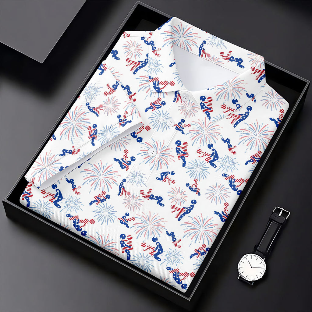 US Flag Pattern Naughty Couple Stick Figures Funny Golf Shirt, 250 Years Golf Shirts For Men