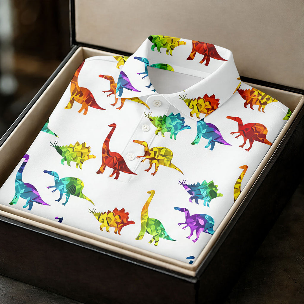 Colorful Dinosaur White Golf Shirt, Golf Tops For Men, Golf Shirts For Men, Polo Shirts For Men