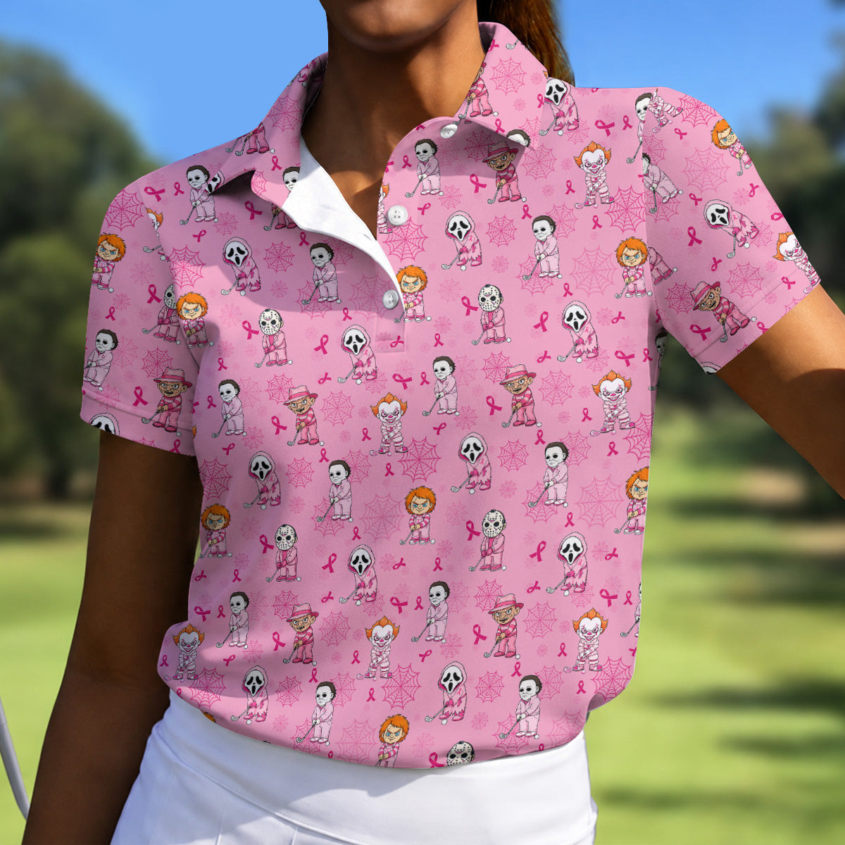 Pink Halloween Horror Breast Cancer Polo Shirt, Women's Golf Polo, Golf Tops For Women