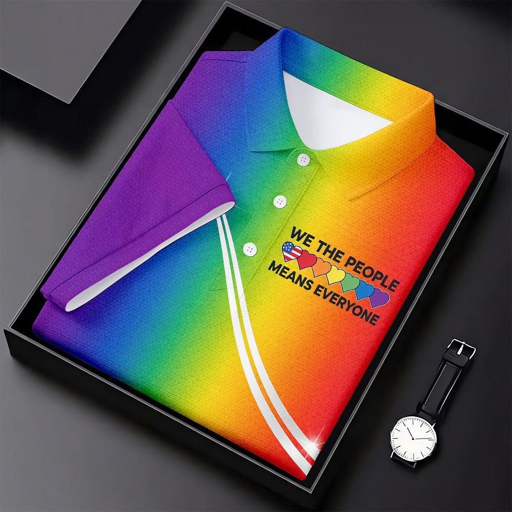 We The People Means Everyone LGBT Rainbow Gradient Golf Tops For Men, Pride Month Golf Shirts For Men
