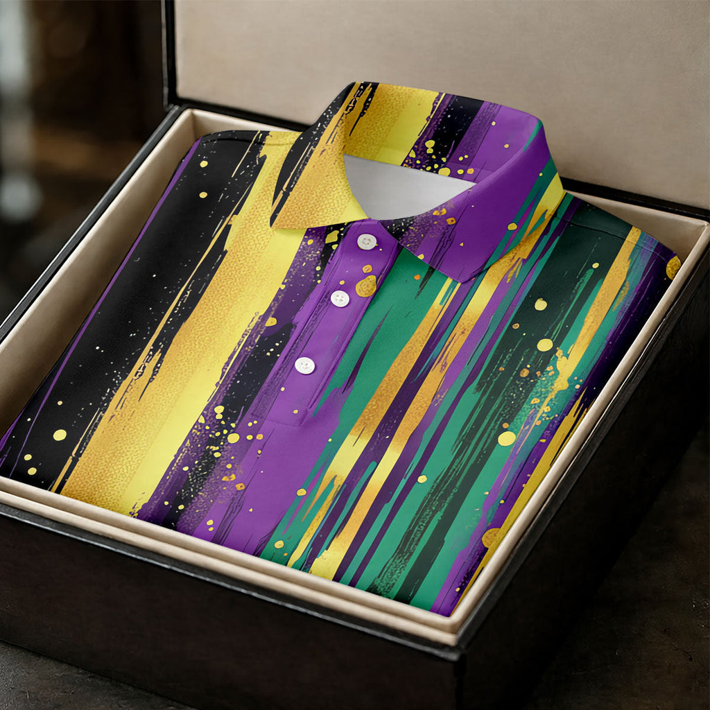 Green Purple Gold Splatter Effect Mardi Gras Golf Shirt, Polo Shirts For Men, Golf Shirts For Men
