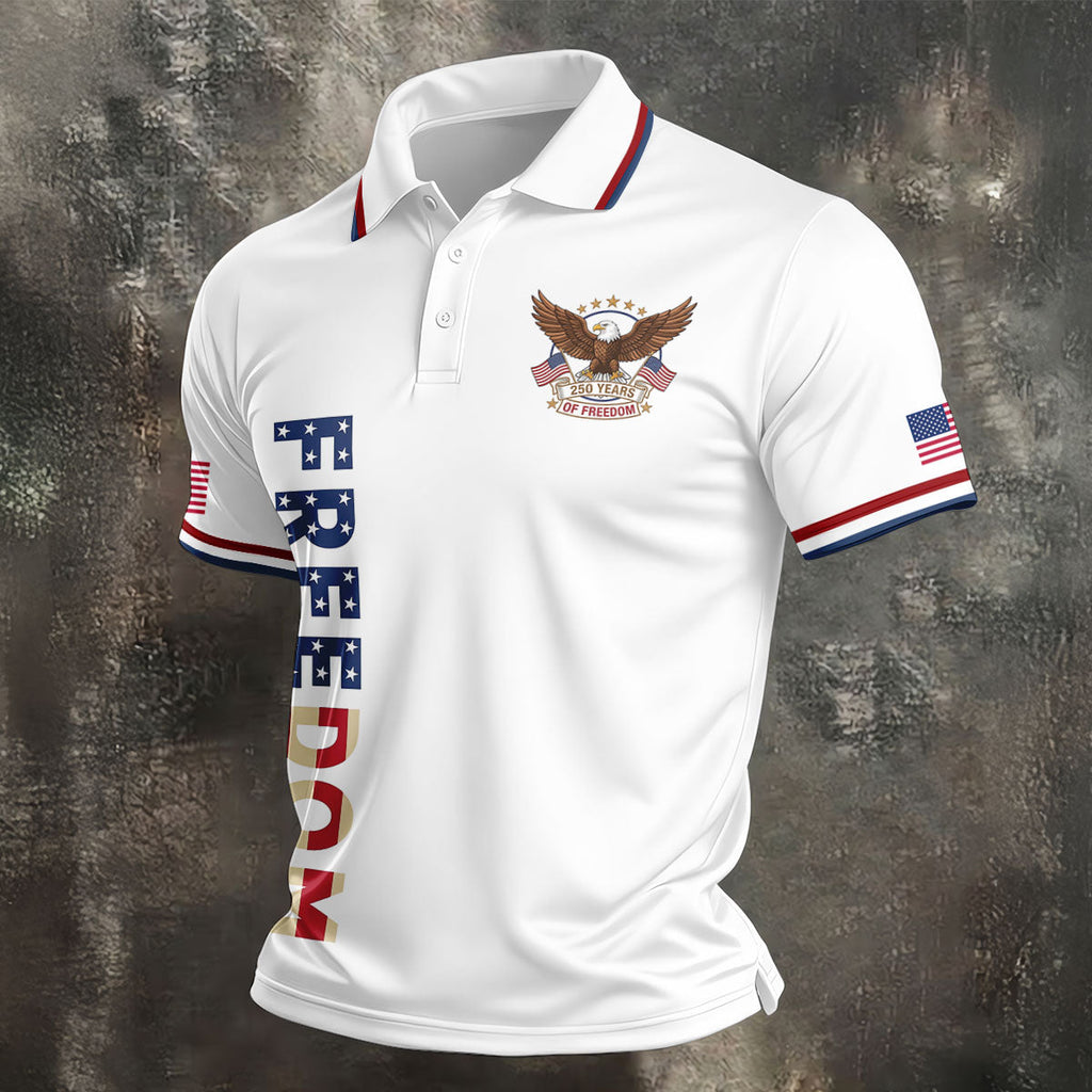 250 Years Of Freedom US Flag Logo White Golf Shirt, Patriotic 4th Of July Golf Shirts For Men