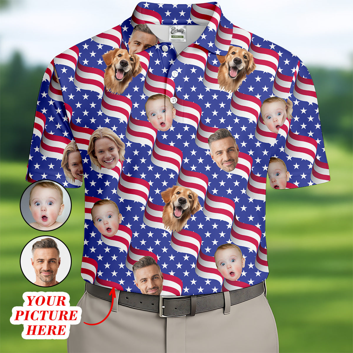 Funny 4th Of July Personalized Face Shirts, Men's Golf Polo Shirt, Patriotic Golf Polo Shirt, Dad Golf Gift