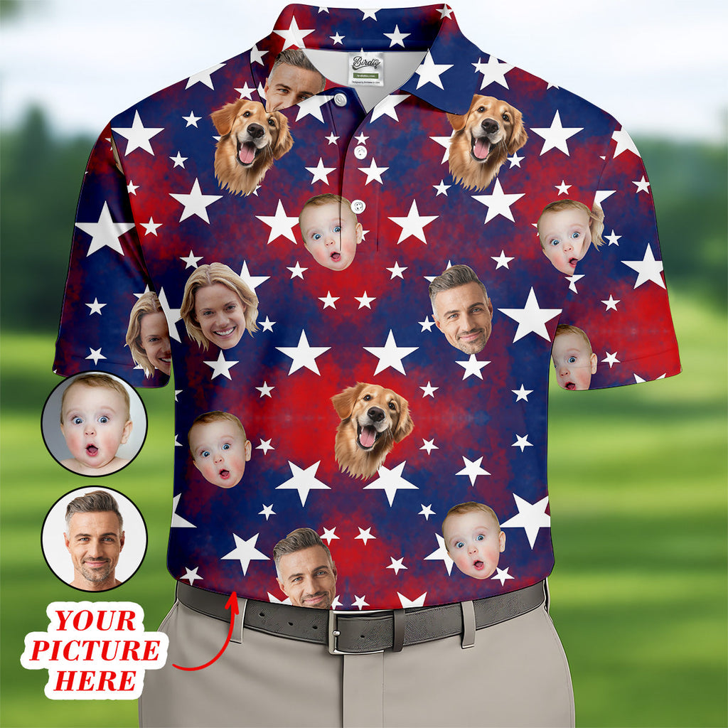 American Flag Personalized Face Shirts, Men's Golf Polo Shirt, Patriotic Golf Polo Shirt, 4th Of July Shirt, Dad Golf Gift