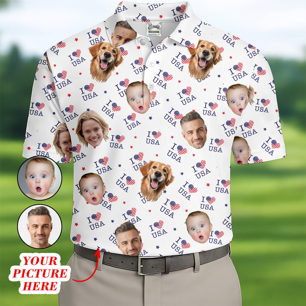 I Love USA Personalized Face Shirts, Men's Golf Polo Shirt, Patriotic Golf Polo Shirt, 4th Of July Shirt, USA Golf Shirt