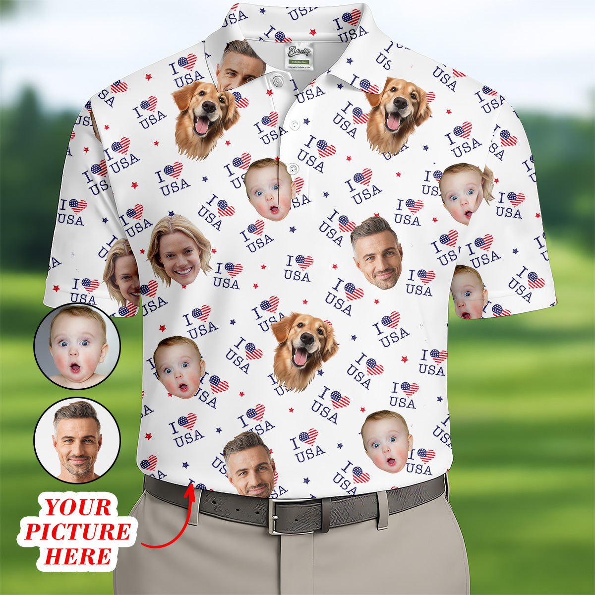 I Love USA Personalized Face Shirts, Men's Golf Polo Shirt, Patriotic Golf Polo Shirt, 4th Of July Shirt, USA Golf Shirt