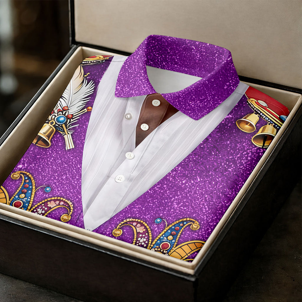 Masquerade Mask Feather Mardi Gras Glitter Print Purple Golf Shirt, Polo Shirts For Men, Golf Shirts For Men