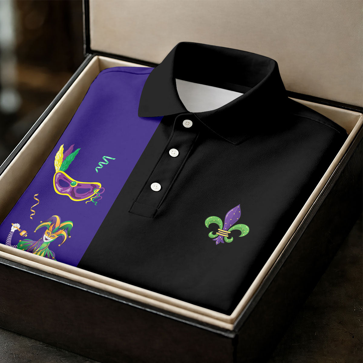 Mardi Gras Festival Jester Figure Fleur De Lis Symbol Black Golf Shirt, Polo Shirts For Men, Golf Shirts For Men