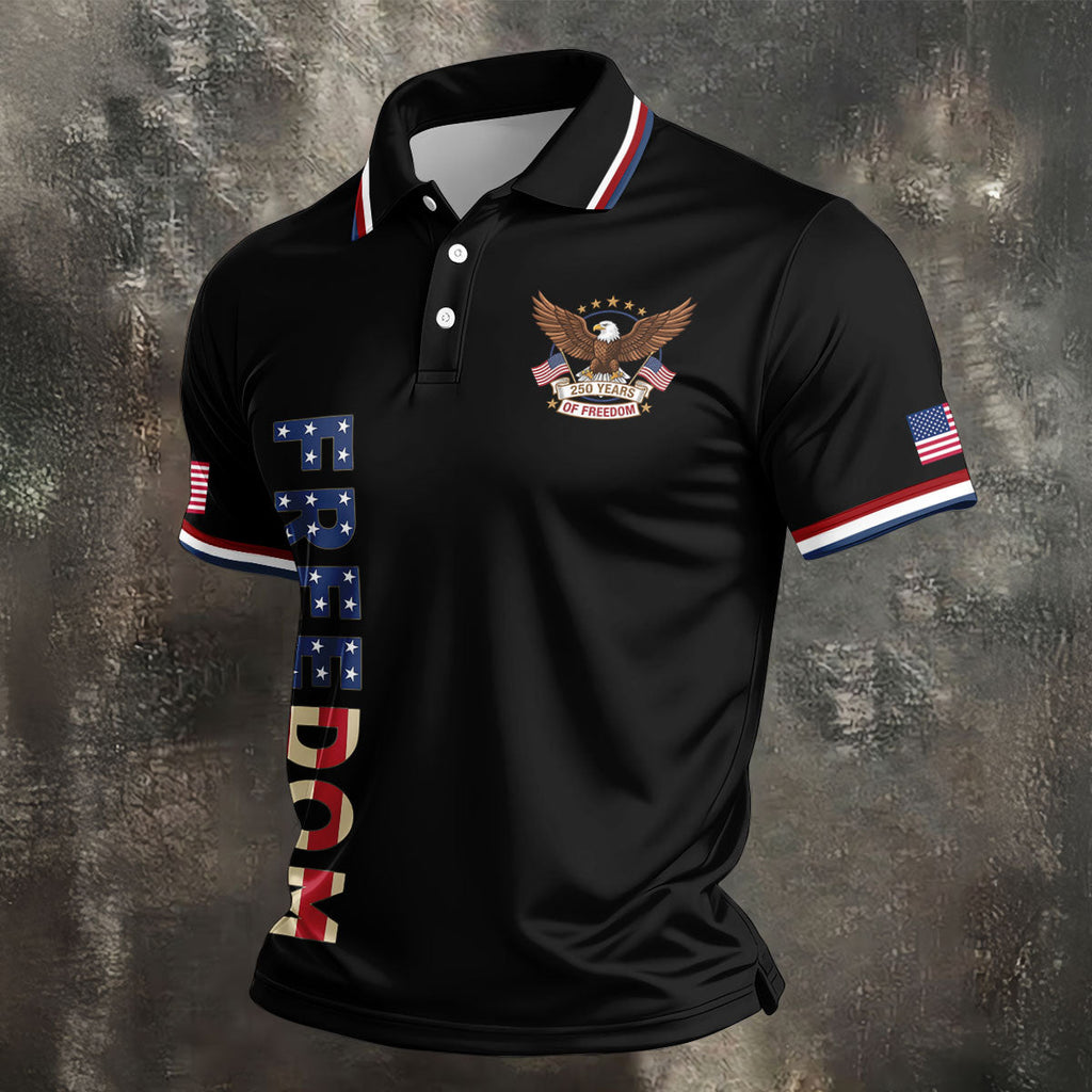 250 Years Of Freedom US Flag Logo Black Golf Shirt, Patriotic 4th Of July Golf Shirts For Men