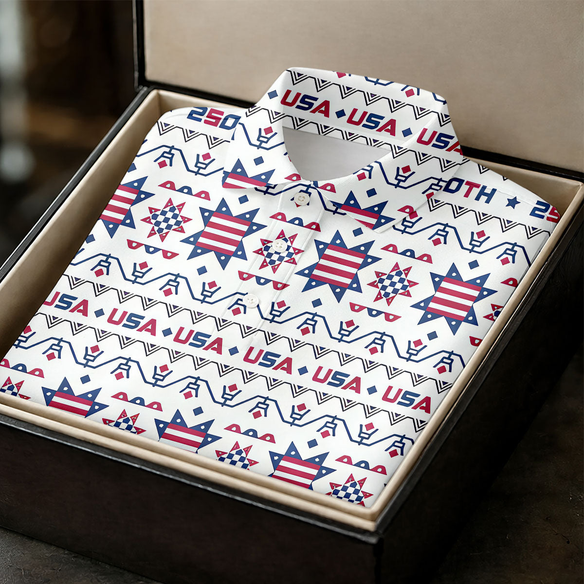 Red White Blue Ohio Star Quilt Pattern 4th Of July Golf Shirts For Men, 250th Anniversary Patriotic Golf Shirt
