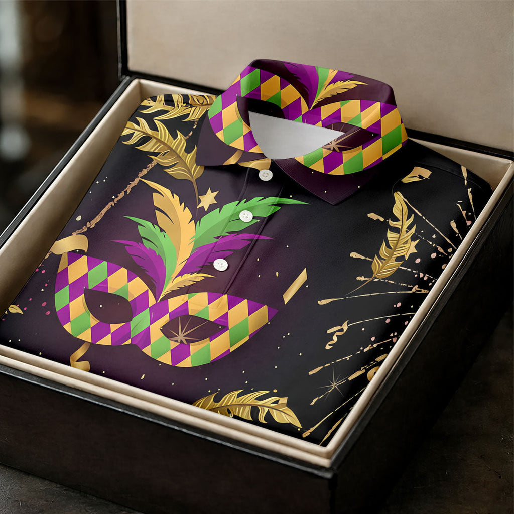 Gold Ribbons Mardi Gras Masquerade Mask Golf Tops For Men, Polo Shirts For Men, Golf Shirts For Men