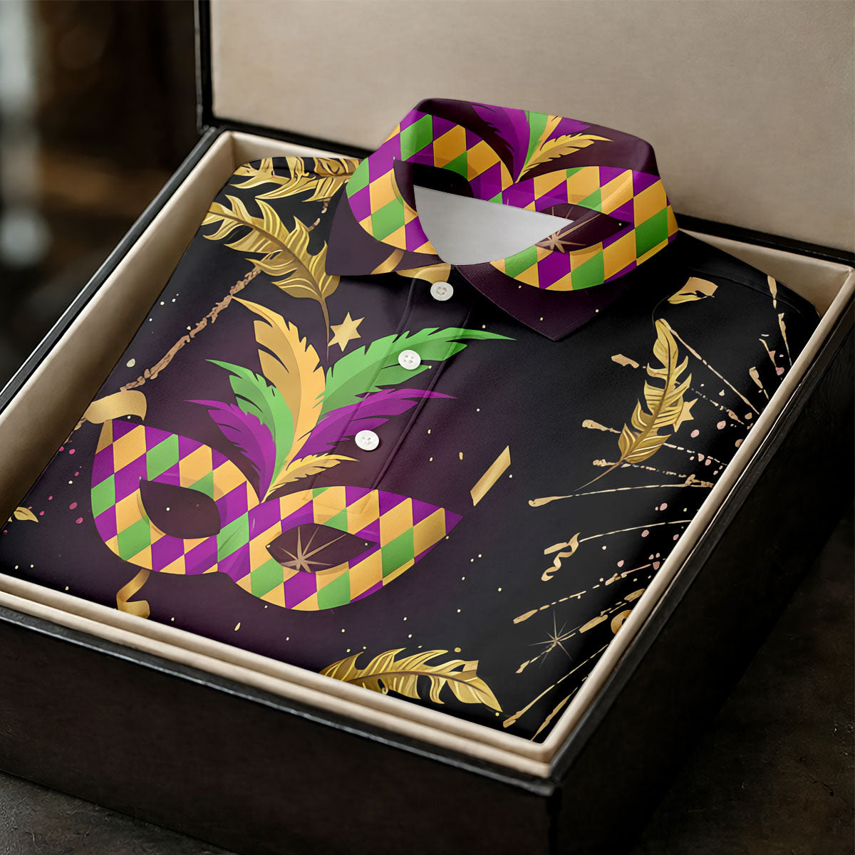 Gold Ribbons Mardi Gras Masquerade Mask Golf Tops For Men, Polo Shirts For Men, Golf Shirts For Men