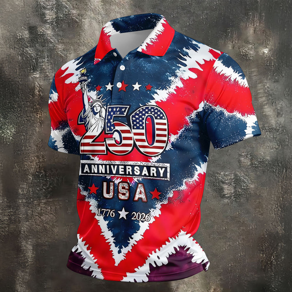 250th Anniversary Red White Blue Tie Dye Print Patriotic Golf Shirt, 4th Of July Golf Shirts For Men