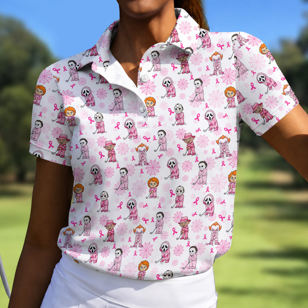Halloween Horror Character Breast Cancer Polo Shirt, Ladies Golf Tops, Printed Golf Shirt