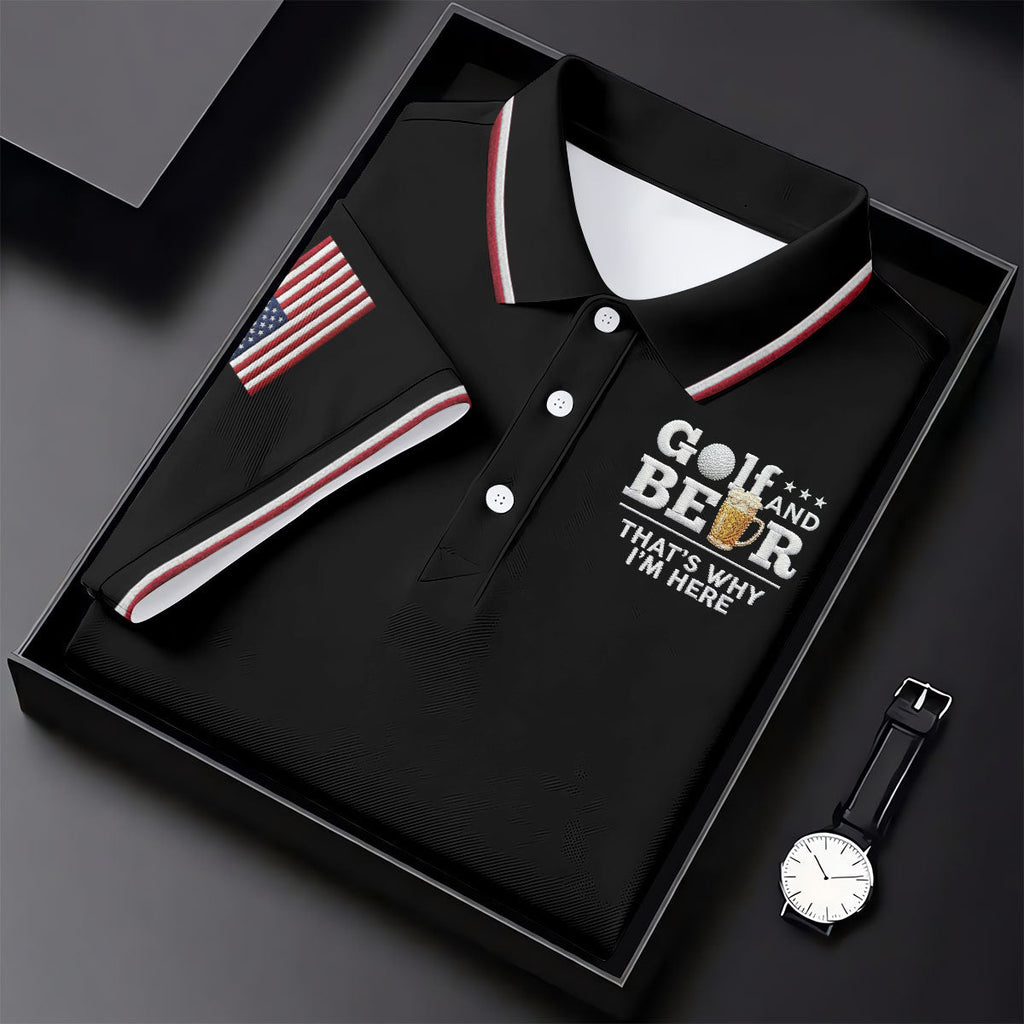 Golf And Beer That's Why I'm Here 250 Years US Flag Golf Shirt, Patriotic 4th Of July Golf Shirts For Men