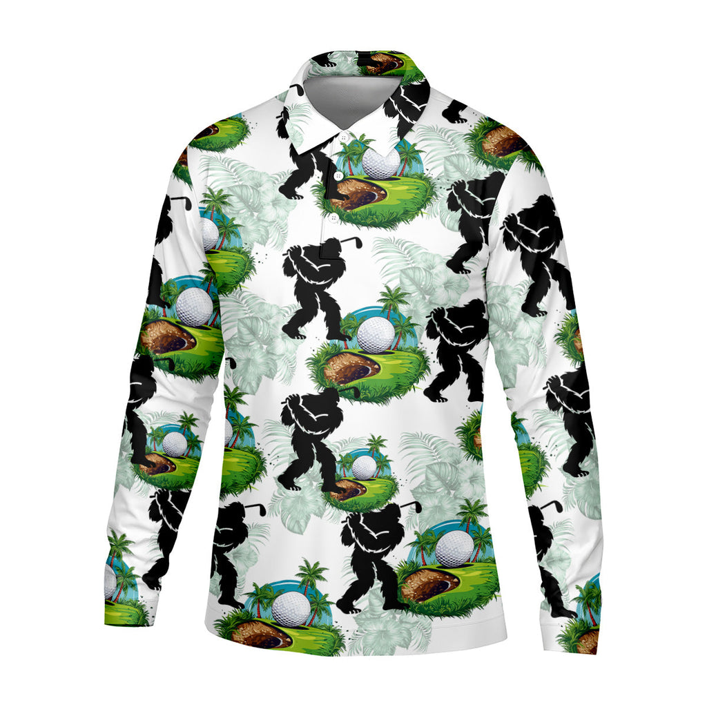 Tropical Golf Cart Bigfoot Golf Shirt, Funny Bigfoot Mens Golf Polo Shirts, Cool Golf Gifts, Golfing Apparel
