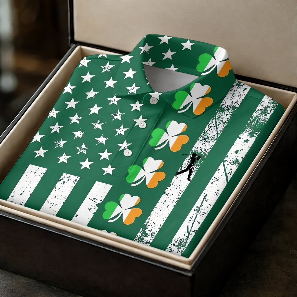 Irish Shamrock Vertical Stripes St Patrick's Day Golf Shirt, Polo Shirts For Men, Golf Shirts For Men