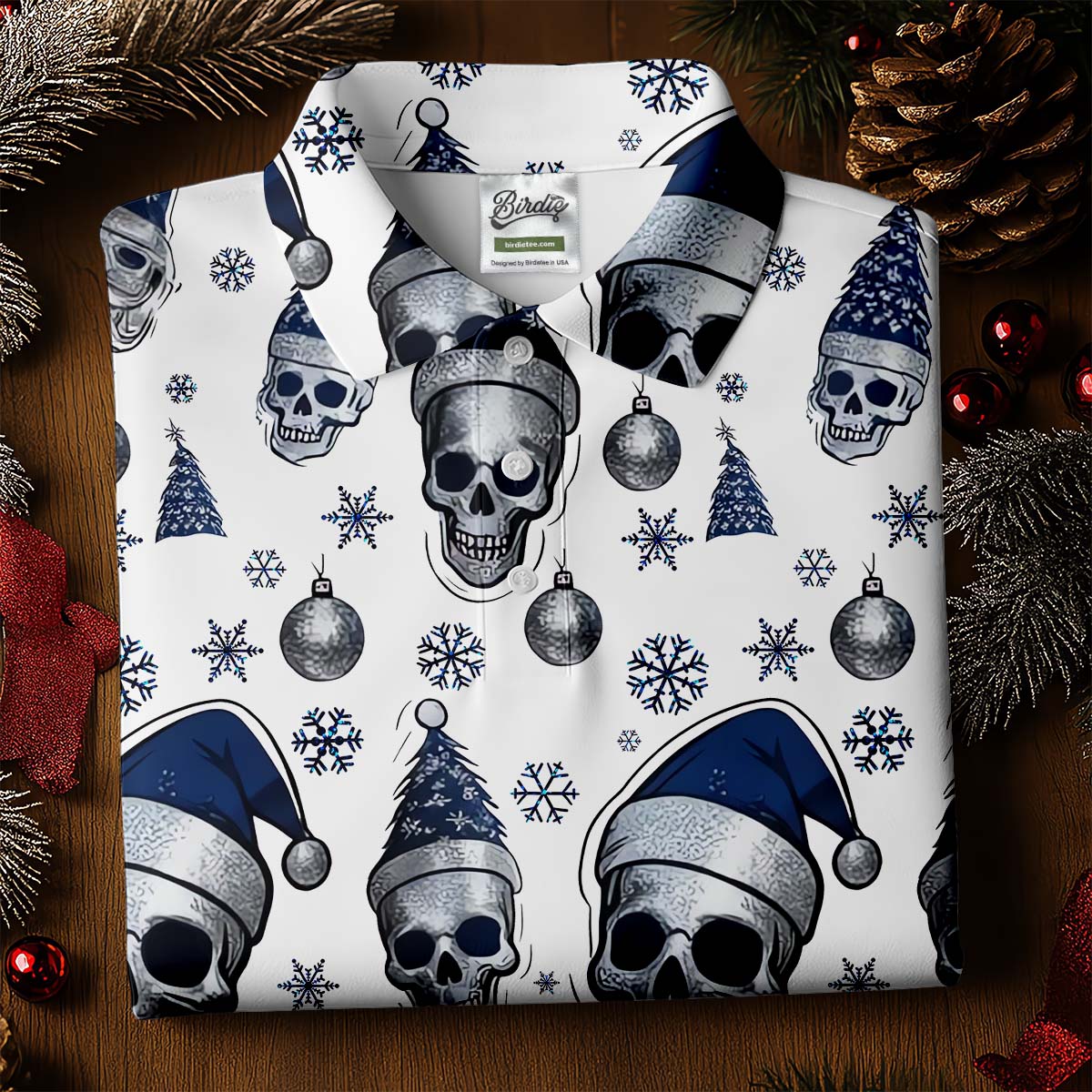 Vintage Skull Christmas Golf Shirt, White Polo Shirt Mens, Cool Golf Gift, Golf Shirts For Men