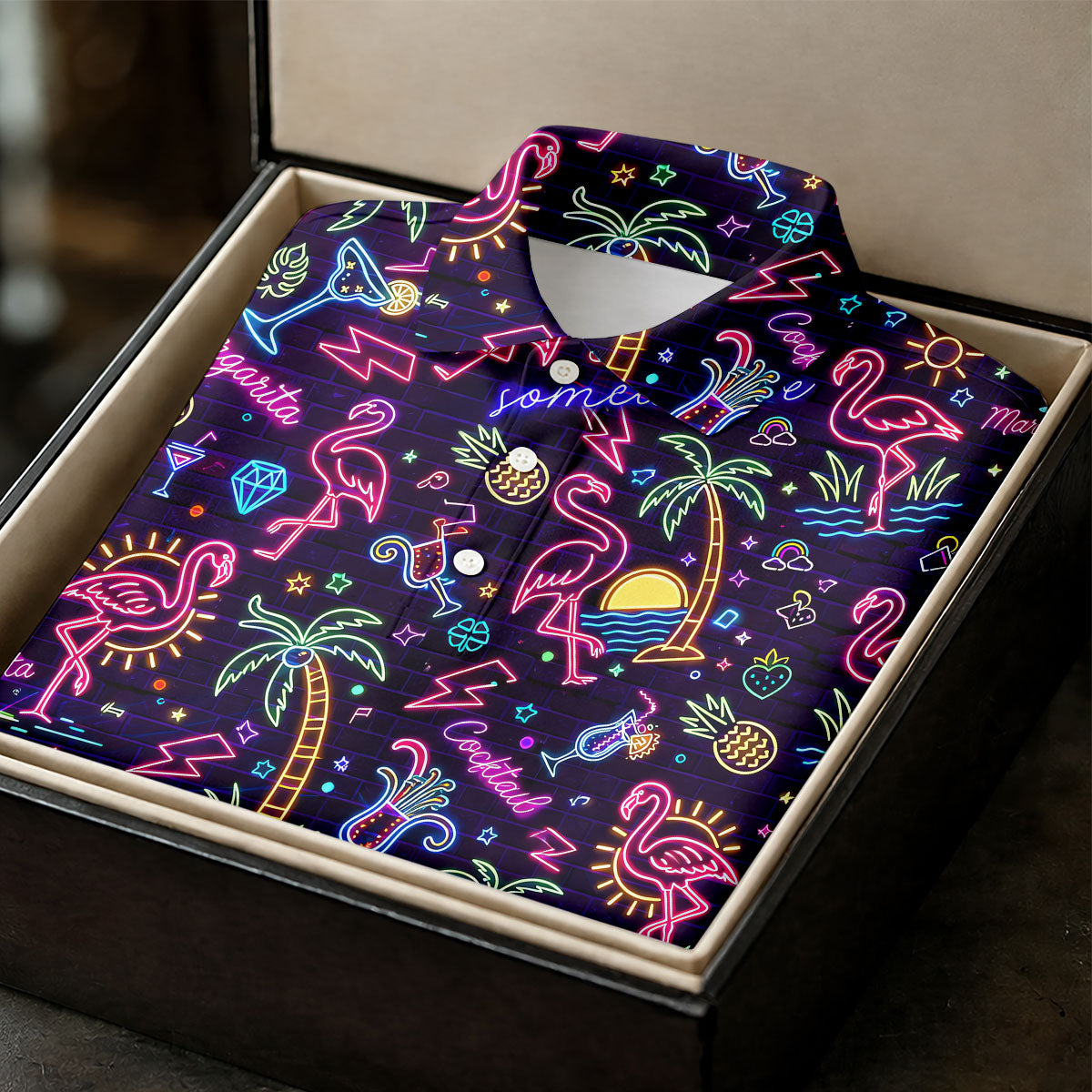 Tropical Theme Neon Pattern Black Golf Shirt, Men's Funny Golf Shirts, Polo Shirts For Men