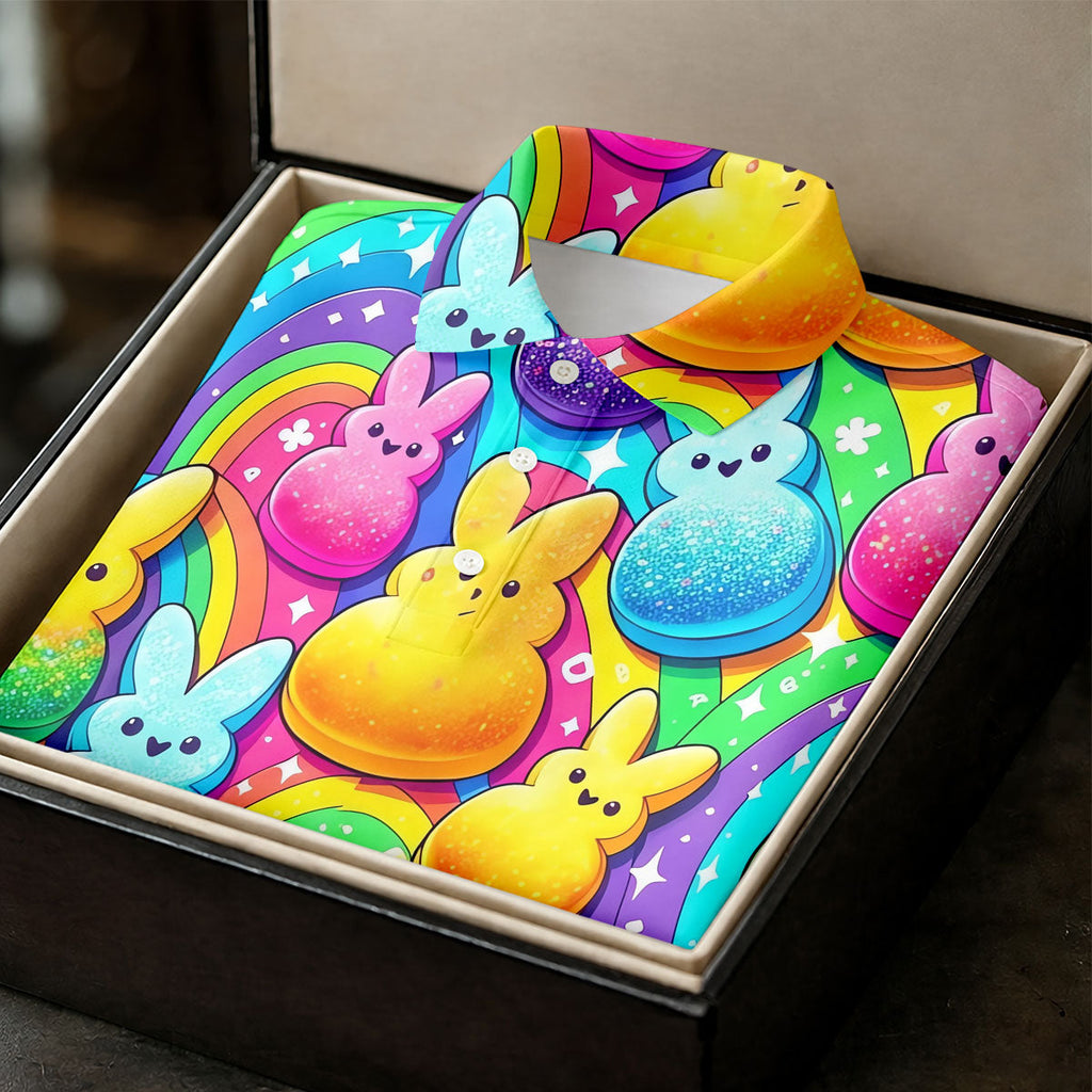 Colorful Easter Peeps Rainbow Pattern Golf Shirts For Men, Cute Golf Outfit, Polo Shirts For Men