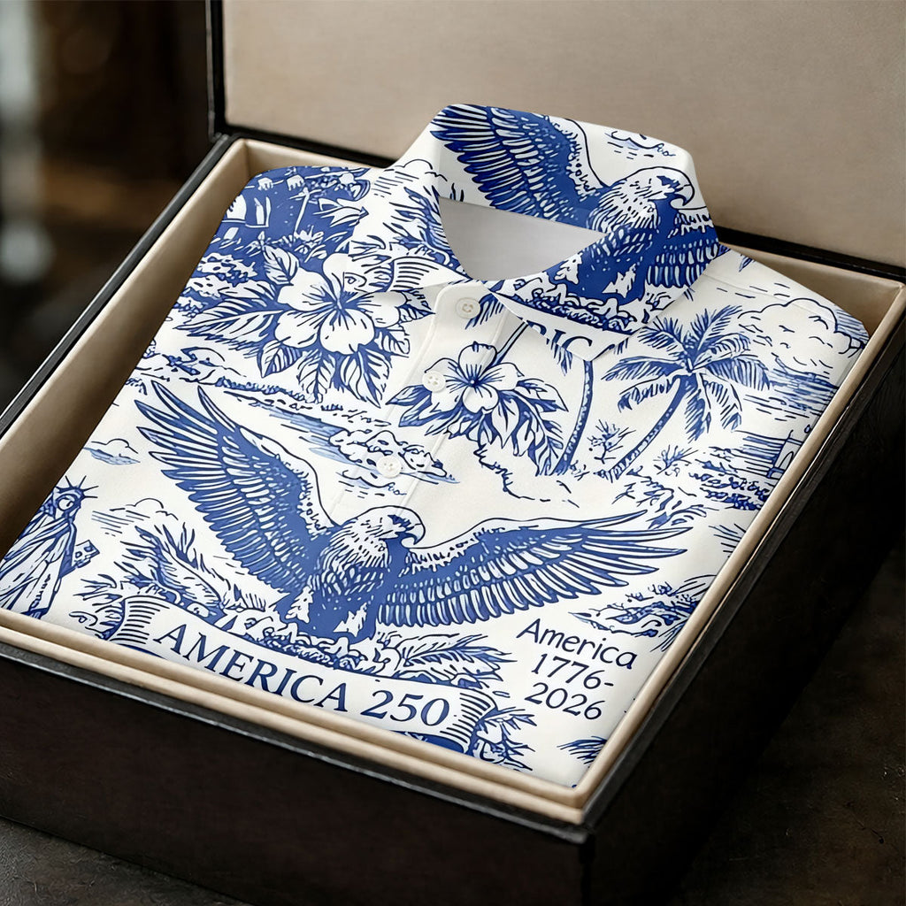 250th Anniversary Toile De Jouy American Symbols Vintage Golf Shirt, Patriotic 4th Of July Golf Shirts For Men