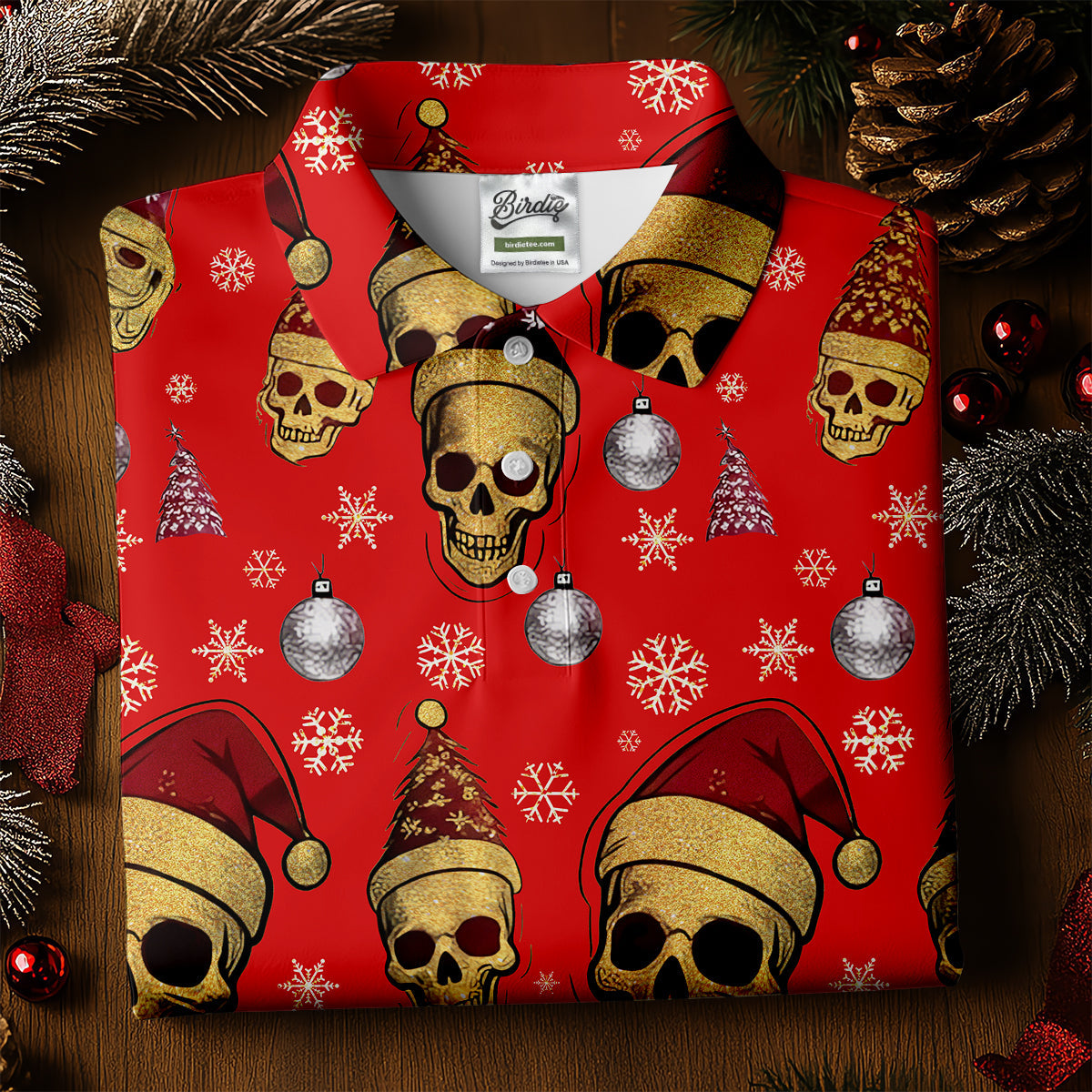 Vintage Skull Christmas Golf Shirt, Red Golf Shirt, Golf Shirts For Men, Cool Golf Gift, Golfing Apparel