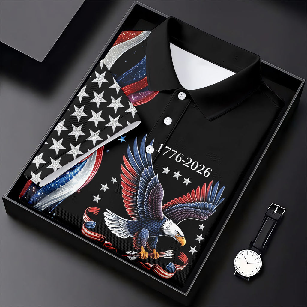 Bald Eagle Red White Blue Wavy Stripes Patriotic Golf Shirt, 250 Years 4th Of July Golf Shirts For Men