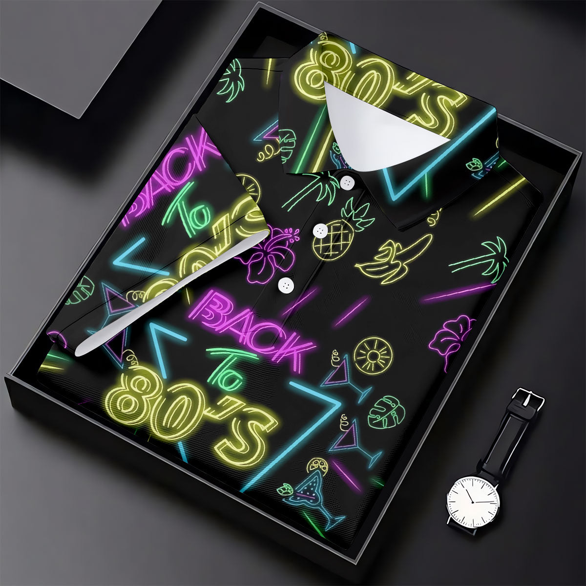 Back To 80's Neon Pattern Hawaiian Golf Shirt, Tropical Vibe Men's Funny Golf Shirts