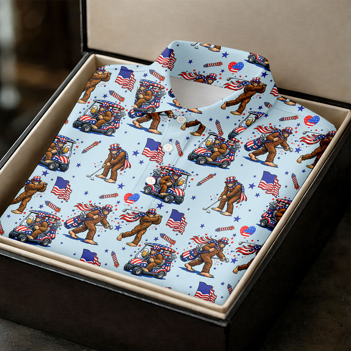 Funny Bigfoot 4th Of July American Flag Pattern Light Blue Golf Shirts For Men, 250th Anniversary Patriotic Golf Shirt