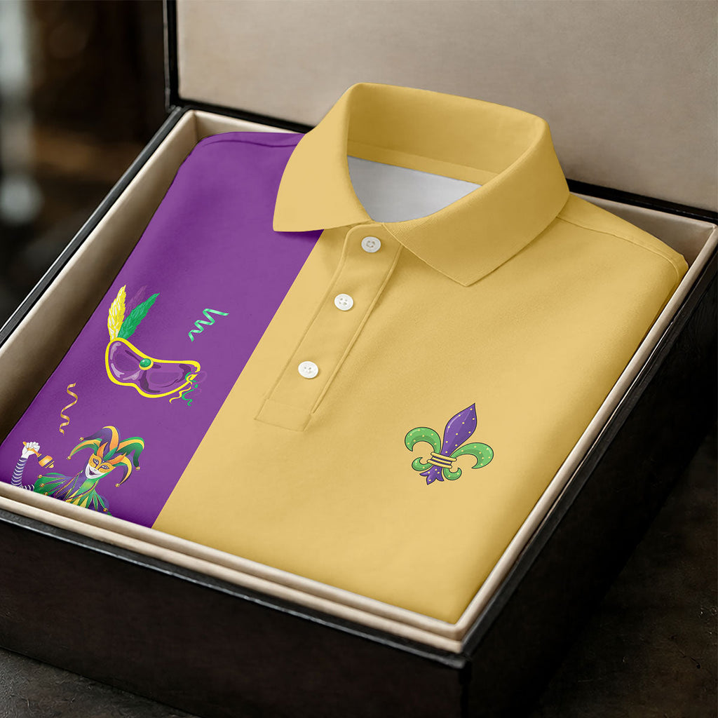 Mardi Gras Festival Jester Figure Fleur De Lis Symbol Yellow Golf Shirt, Polo ShirtFor Men, Golf Shirts For Men