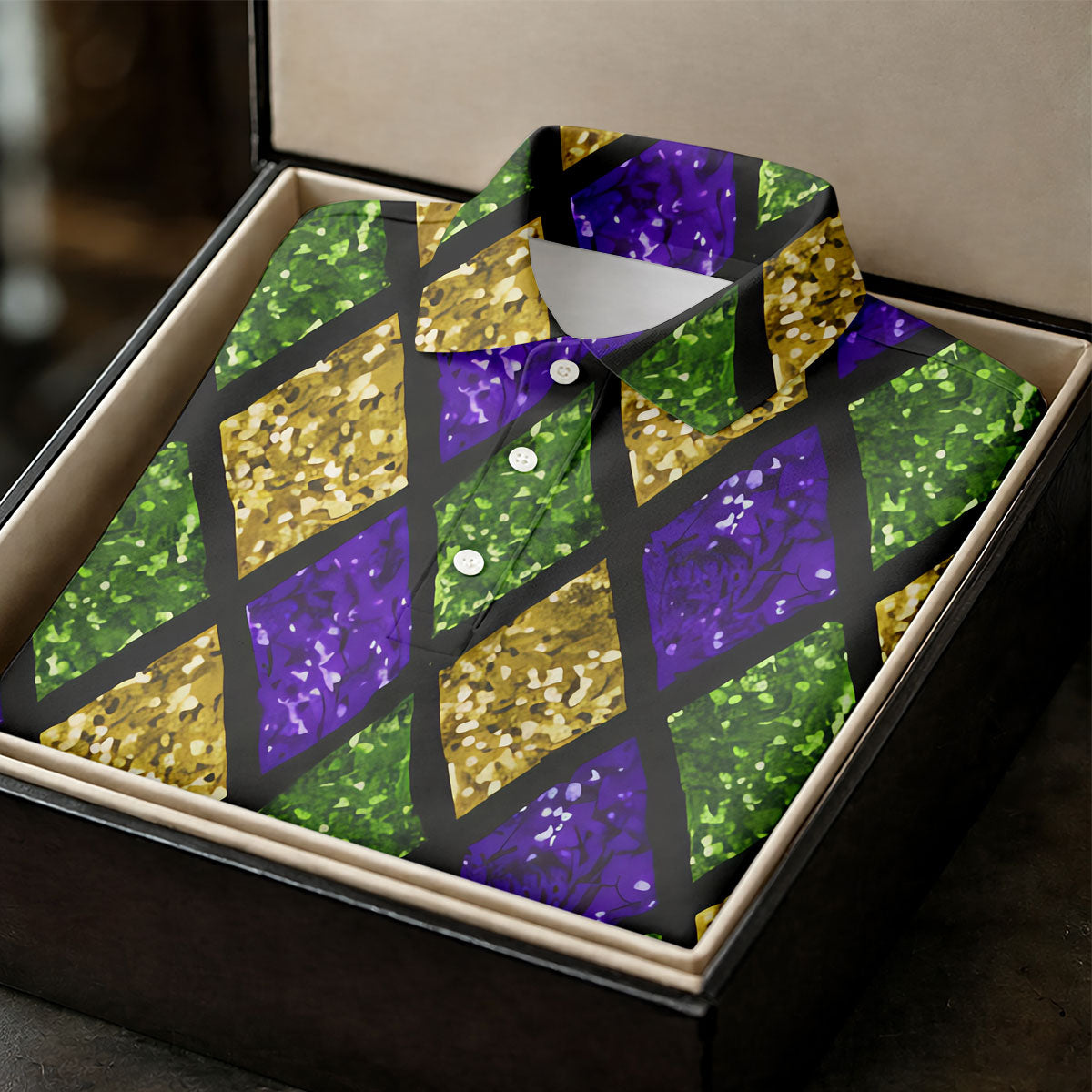 Green Purple Gold Argyle Pattern Sparkling Effect Mardi Gras Golf Shirt, Polo Shirts For Men, Golf Shirts For Men