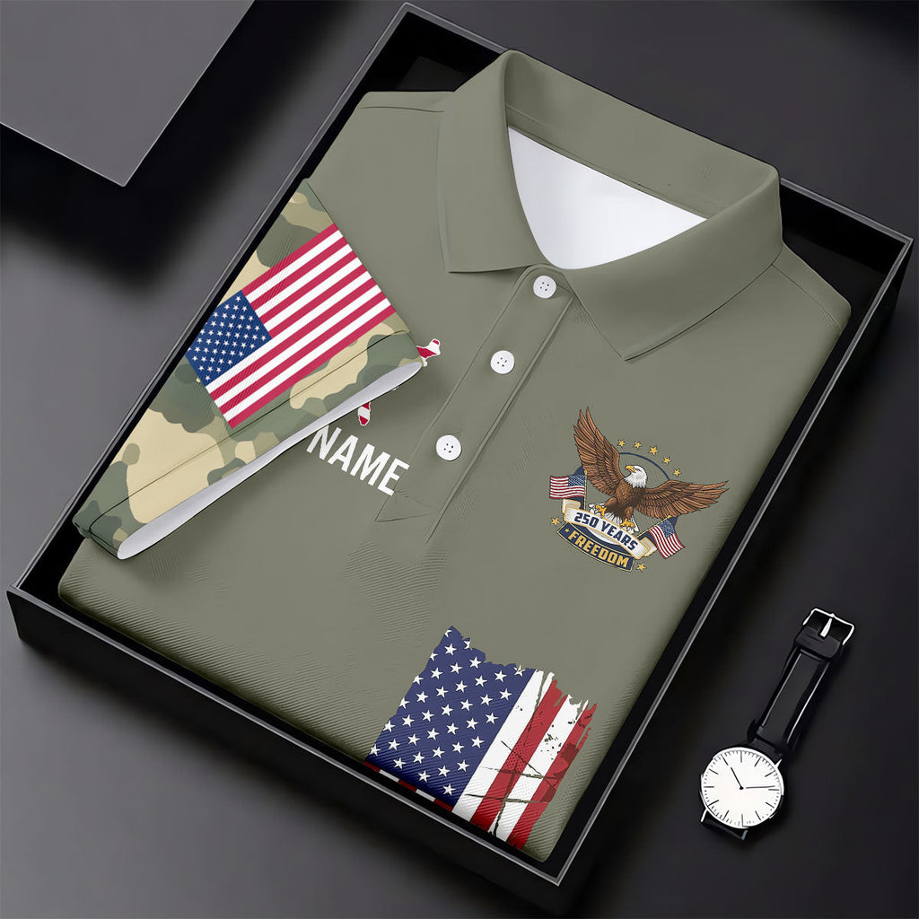 250 Years Freedom Eagle American Flag Camo Golf Shirt, Patriotic 4th Of July Golf Shirts For Men