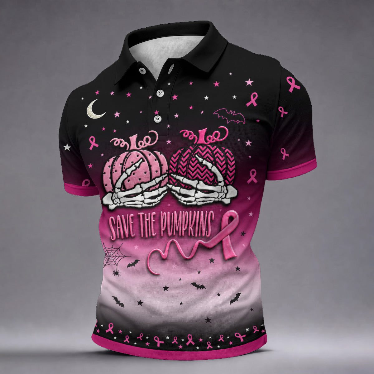 Save The Pumpkins Halloween Breast Cancer Golf Polo Shirt, Golf Apparel For Men