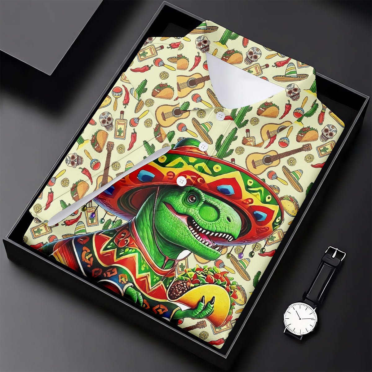 Dinosaur Taco Fiesta Time Golf Tops For Men, Cinco De Mayo Celebration Golf Shirts For Men