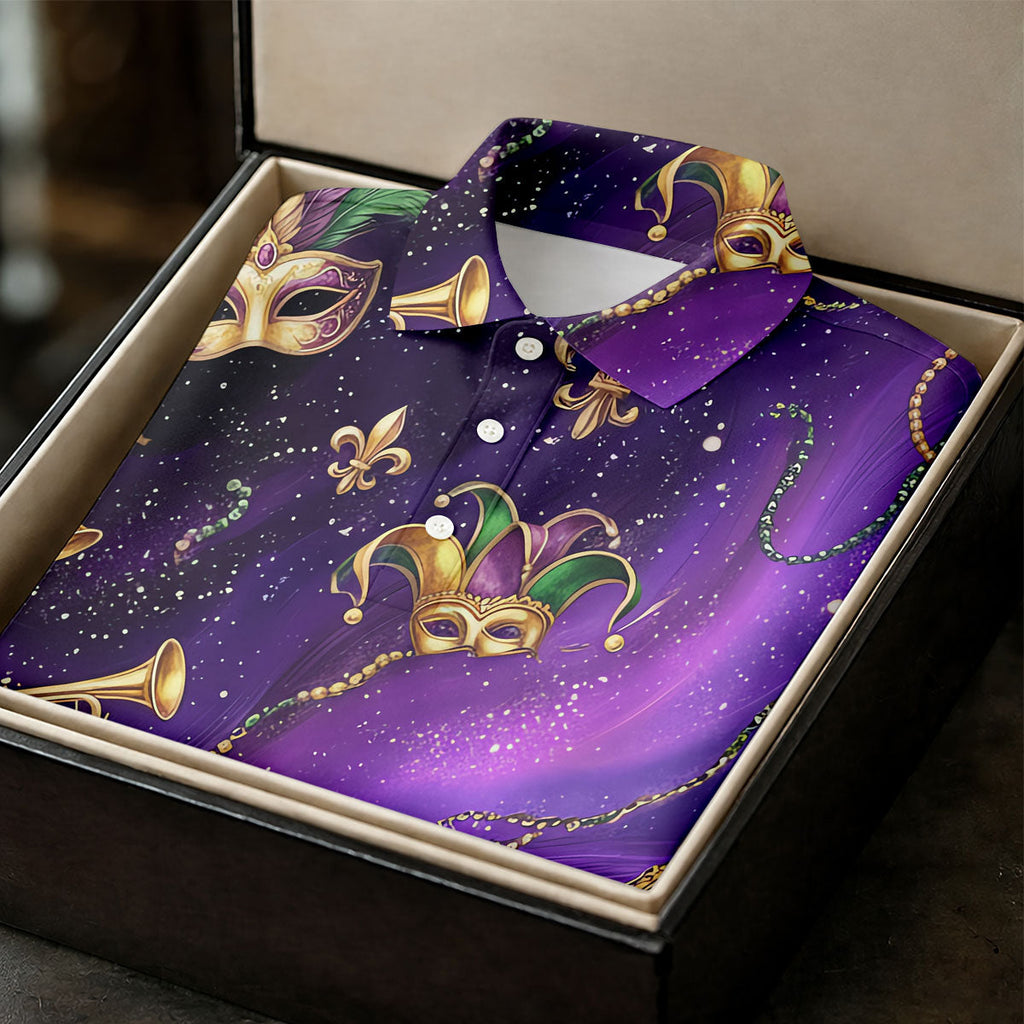 Golden Fleur De Lis Trumpet And Saxophone Mardi Gras Masquerade Mask Purple Golf Shirt, Golf Shirts For Men